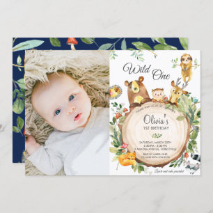 Cute Woodland Animals 1st Birthday Wild One Photo Invitation