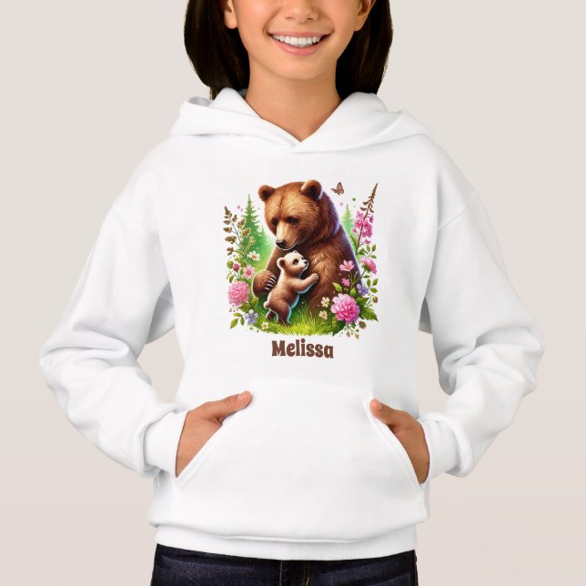 Cute woodland animals add name bear girls hoodie (Front)