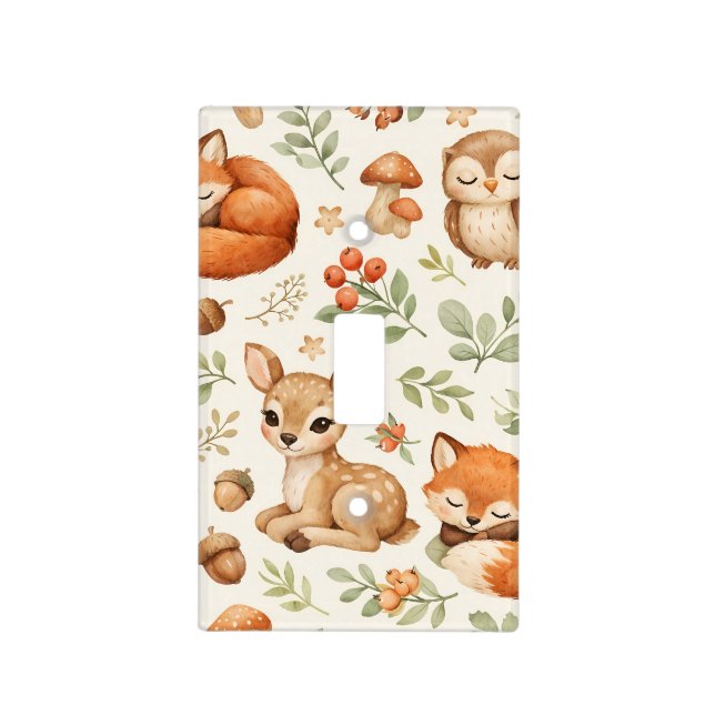 Cute Woodland Animals and Berries Pattern Light Switch Cover (Front)
