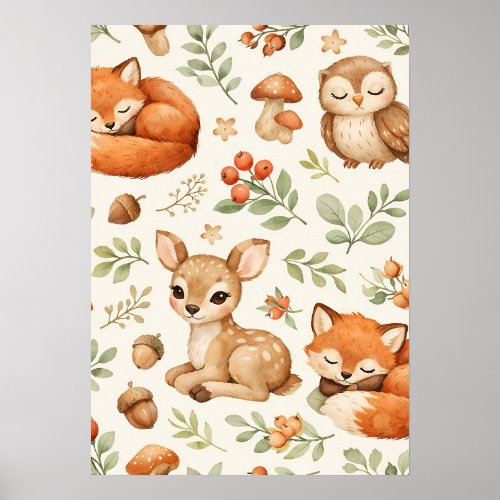 Cute Woodland Animals and Berries Pattern Poster
