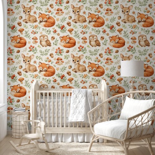 Cute Woodland Animals and Berries Pattern Wallpaper