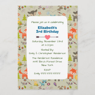Cute Woodland Animals and Flowers Birthday Invite