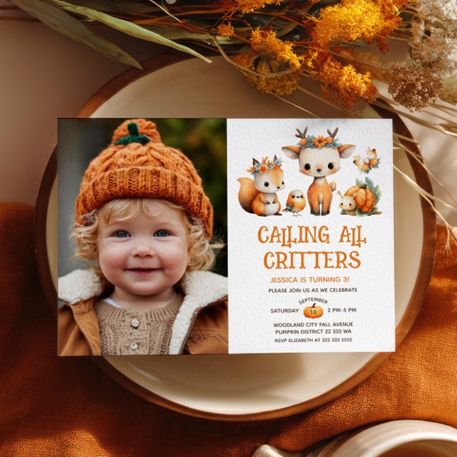 Cute Woodland Animals Autumn Kids' Birthday Photo Invitation (Creator Uploaded)