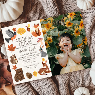 Cute Woodland Animals Autumn Photo Kids Birthday Invitation