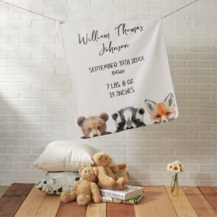 Cute Woodland Animals Baby Birth Stats Blanket