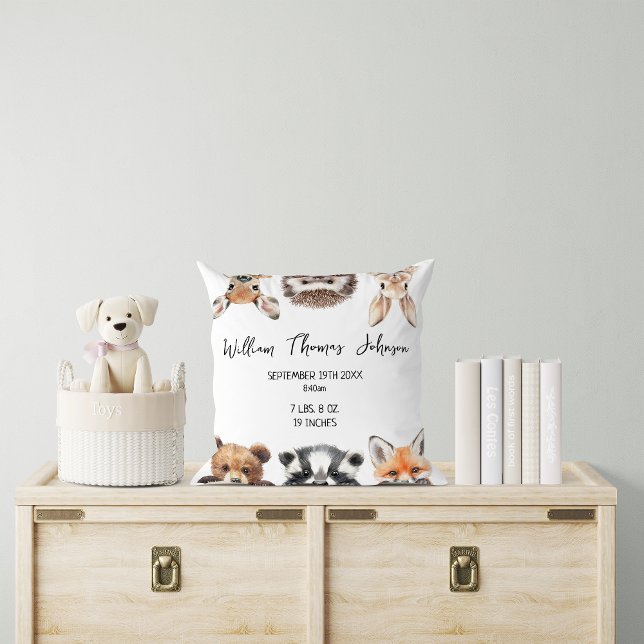 Cute Woodland Animals Baby Birth Stats Throw Pillow (Cute Woodland Animals Baby Birth Stats Throw Pillow)