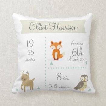 Cute Woodland Animals Baby Boy Announcement Pillow by OS_Designs at Zazzle