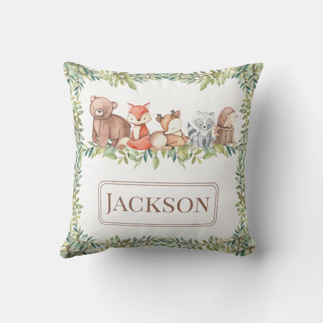 Cute woodland animals baby boy gift Throw Pillow (Back)