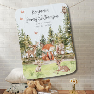 Cute Woodland Animals Baby Boys Birth Stats  Blanket