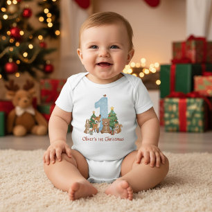 Cute Woodland Animals Baby First Christmas Blue 1 Bodysuit