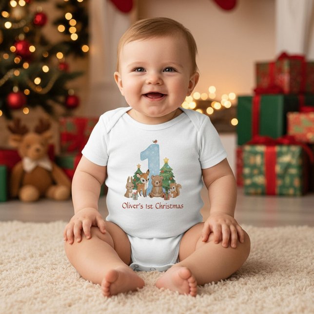 Cute Woodland Animals Baby First Christmas Blue 1 Bodysuit (Creator Uploaded)