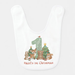 Cute Woodland Animals Baby First Christmas Green 1 Baby Bib