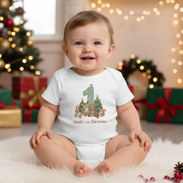 Cute Woodland Animals Baby First Christmas Green 1 Bodysuit (Creator Uploaded)