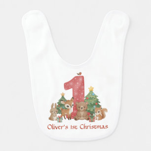 Cute Woodland Animals Baby First Christmas Red 1 Bib
