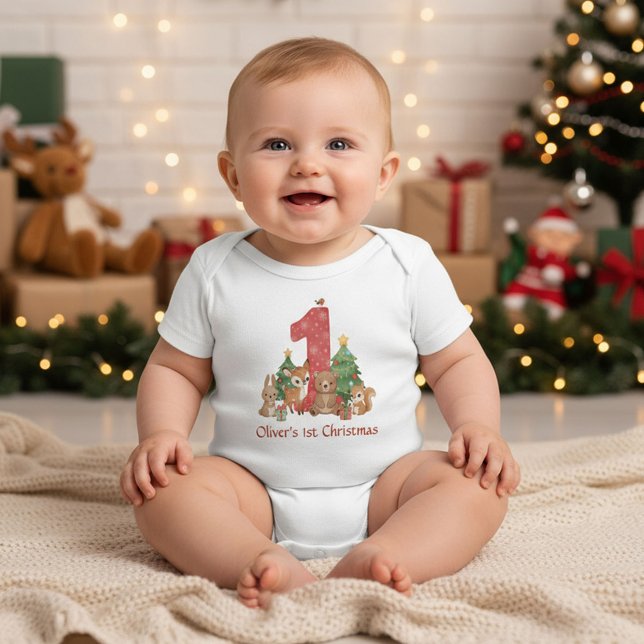 Cute Woodland Animals Baby First Christmas Red 1 Bodysuit (Creator Uploaded)