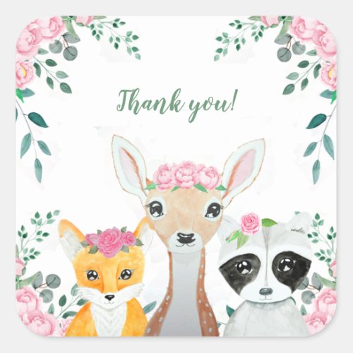 Cute Woodland Animals Baby Girl Shower Favors Square Sticker