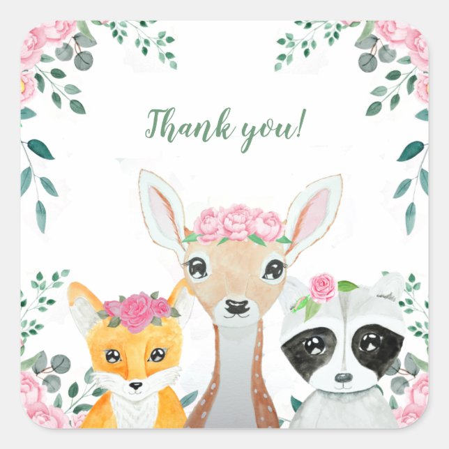 Cute Woodland Animals Baby Girl Shower Favors Square Sticker (Front)
