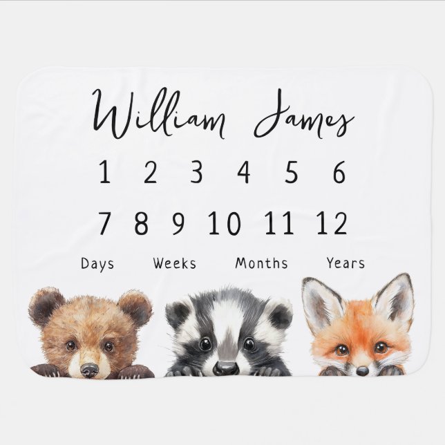 Cute Woodland Animals Baby Milestone Baby Blanket (Horizontal)
