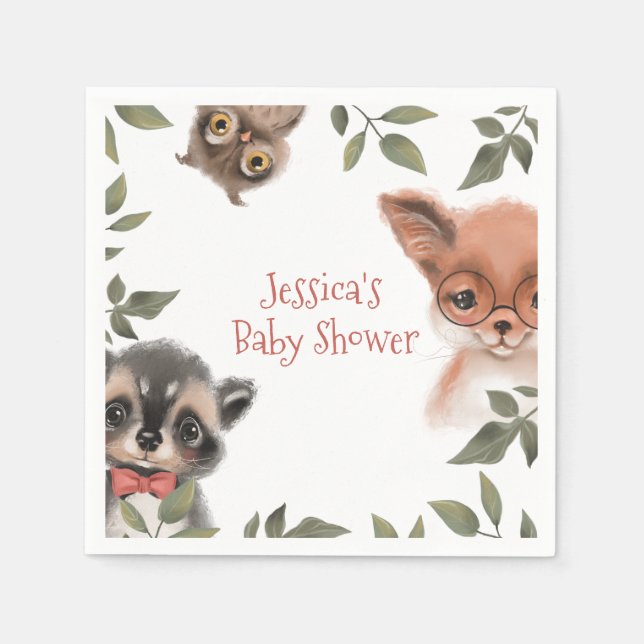 Cute Woodland Animals Baby Shower for Boy Napkins (Front)