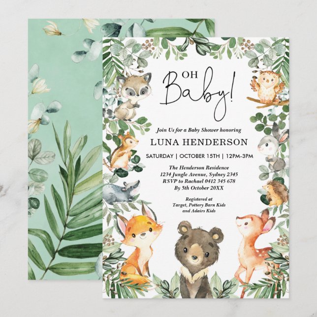 Cute Woodland Animals Baby Shower Forest Greenery Invitation (Front/Back)