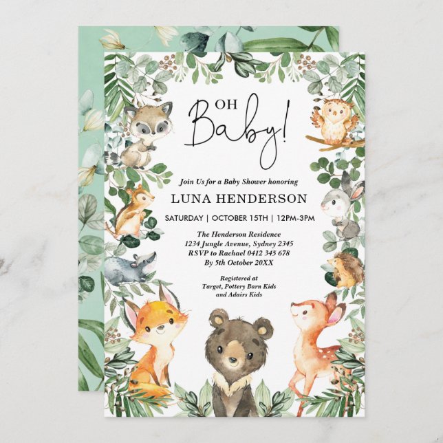 Cute Woodland Animals Baby Shower Forest Greenery Invitation (Front/Back)