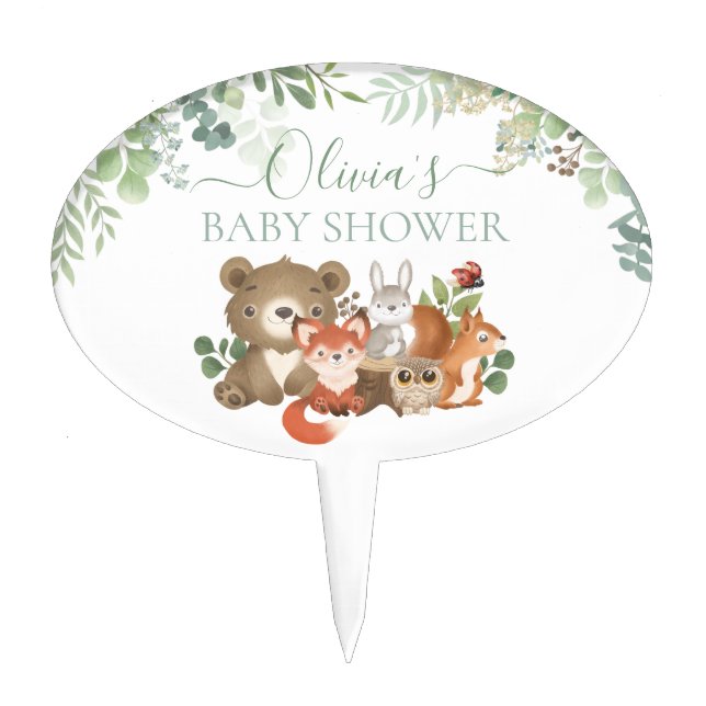 Cute Woodland Animals Baby Shower Greenery Cake To Cake Topper (Front)