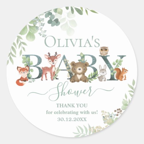 Cute Woodland Animals Baby Shower Greenery Favor Classic Round Sticker