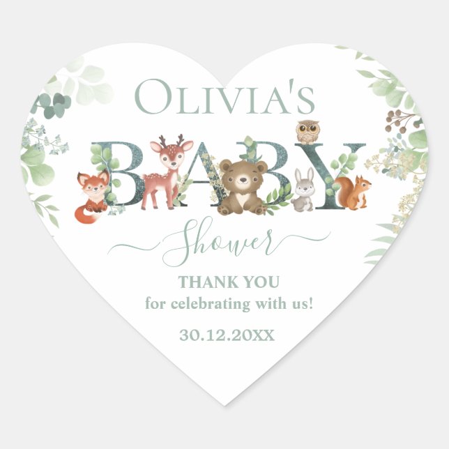 Cute Woodland Animals Baby Shower Greenery Favor Heart Sticker (Front)