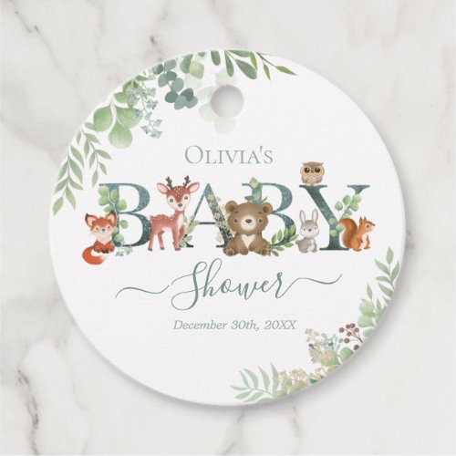 Cute Woodland Animals Baby Shower Greenery Favor Tags