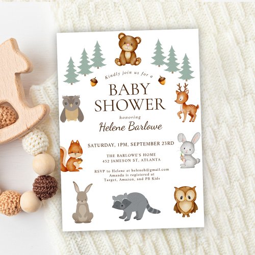 Cute Woodland Animals Baby Shower Invitation