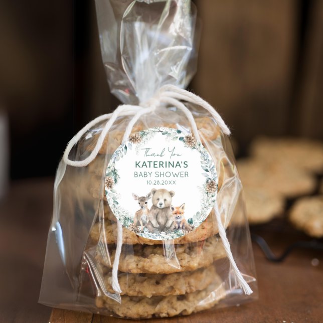 Cute Woodland Animals Baby Shower Thank You Favor Classic Round Sticker (Add these cute woodland animal thank you stickers to baked goods for an easy baby shower favor.)