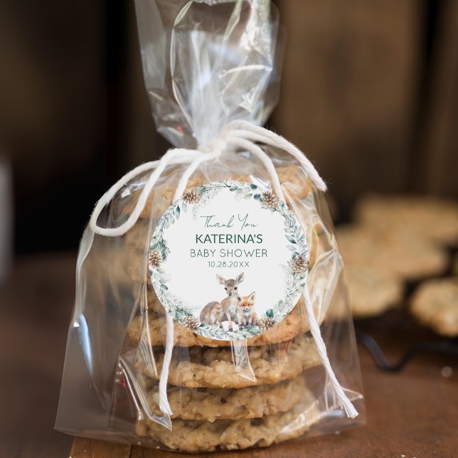 Cute Woodland Animals Baby Shower Thank You Favor Classic Round Sticker (Add these cute woodland animal thank you stickers to baked goods for an easy baby shower favor.)
