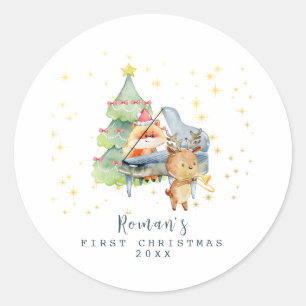 Cute Woodland Animals Baby's First Christmas Photo Classic Round Sticker