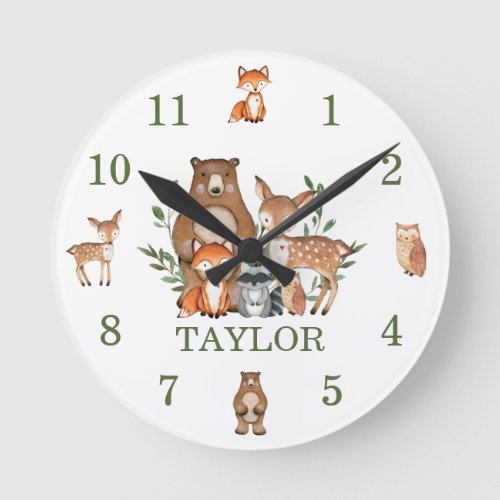 Cute Woodland Animals Bear Deer Fox Owl Numeral Round Clock