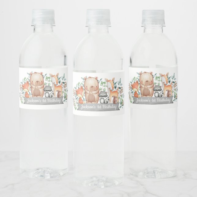 Cute Woodland Animals Birthday Party Favor Water Bottle Label (Bottles)