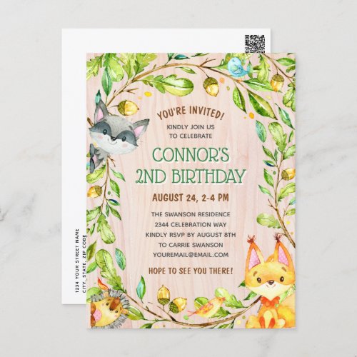 Cute Woodland Animals Birthday Party Invitation Postcard