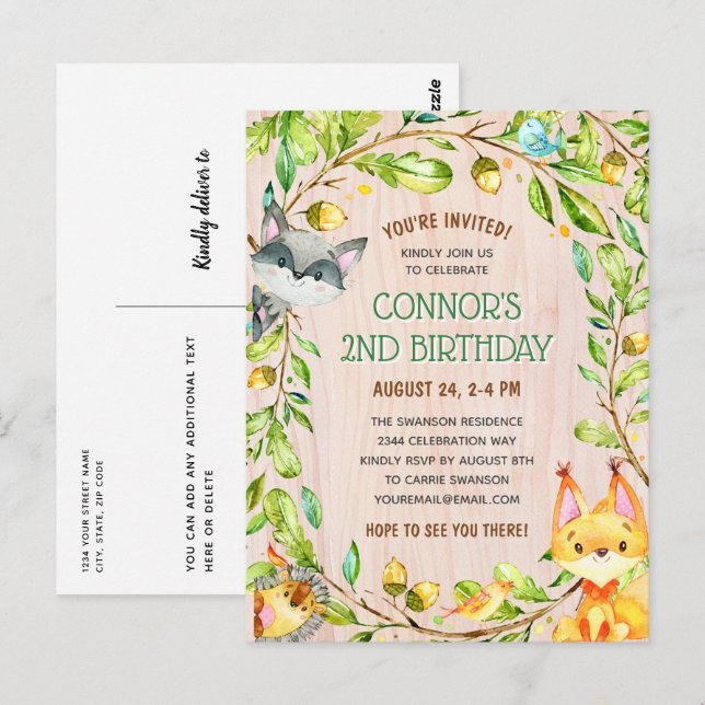Cute Woodland Animals Birthday Party Invitation Postcard (Front/Back)