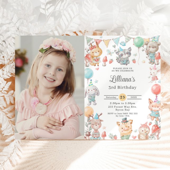 Cute Woodland Animals Birthday Party Photo Invitation (Creator Uploaded)