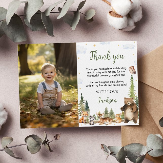 Cute Woodland Animals Birthday Photo  Thank You Card (Creator Uploaded)
