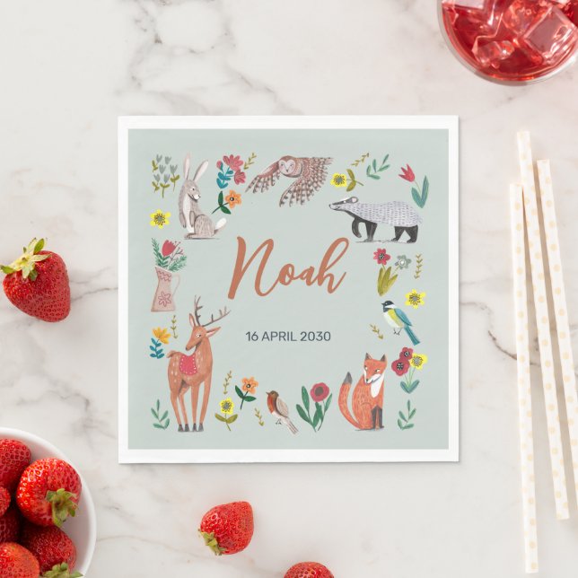 Cute Woodland Animals Blue Baby Shower Napkins (Insitu)