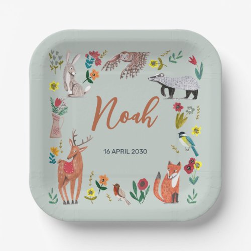 Cute Woodland Animals Blue Baby Shower Paper Plate