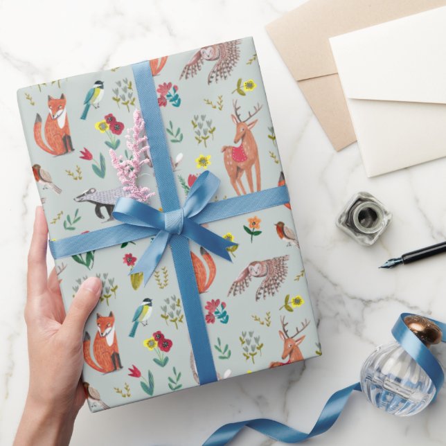 Cute Woodland Animals Blue Baby Shower Wrapping Paper (Gifting)