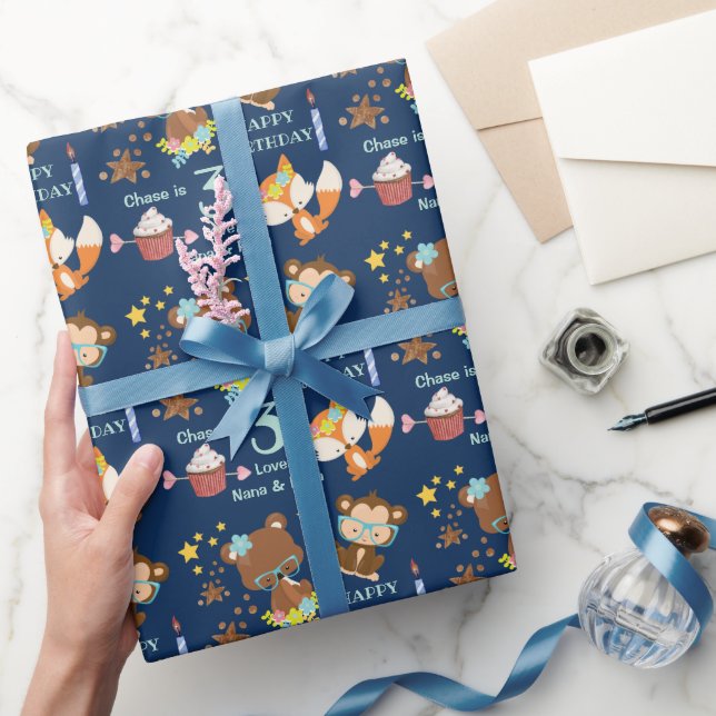 Cute Woodland Animals Blue Kid's Birthday Wrapping Paper (Gifting)