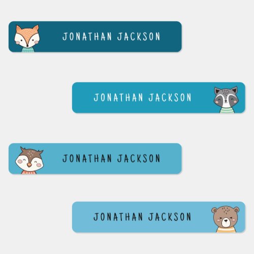 Cute woodland animals blue kids name labels