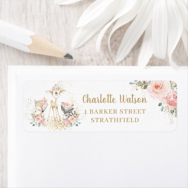 Cute Woodland Animals Blush Floral Return Address  Label (Insitu)