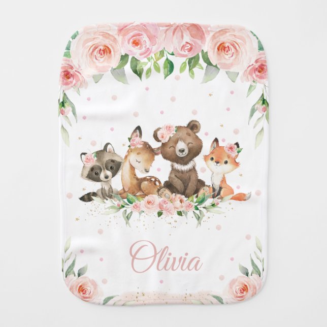 Cute Woodland Animals Blush Pink Floral  Baby Burp Cloth (Front)