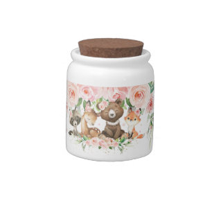 Cute Woodland Animals Blush Pink Floral Candy Jar