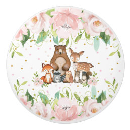 Cute Woodland Animals Blush Pink Floral Girl Ceramic Knob