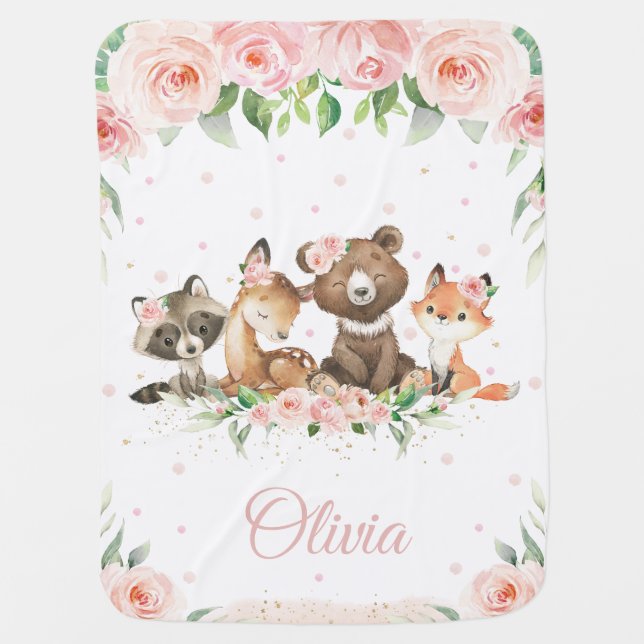 Cute Woodland Animals Blush Pink Floral Soft   Baby Blanket (Front)