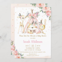 Cute Woodland Animals Boho Tribal Girl Baby Shower Invitation